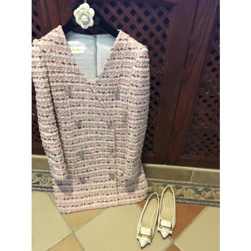 2020 autumn winter women elegant pink v-neck tweed dresses long sleeve double breasted slim bodycon mini dress Y655