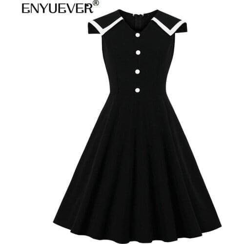 Enyuever Black And White Vintage Dress Women Summer Party Clothes Sailor Collar V Neck Sleeveless Robe Pin Up Swing Casual Dress