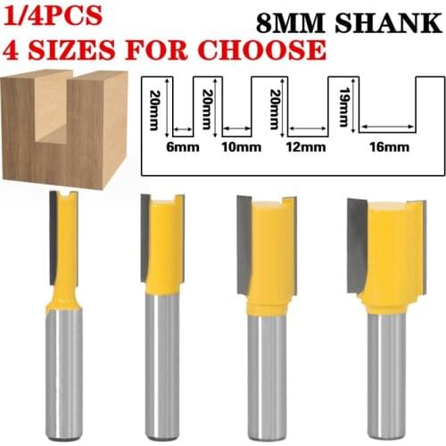 1-4pcs 8mm Shank Short Straight/Dado Router Bit Set 6,10,12,16mm Diameter Wood Cutting Tool