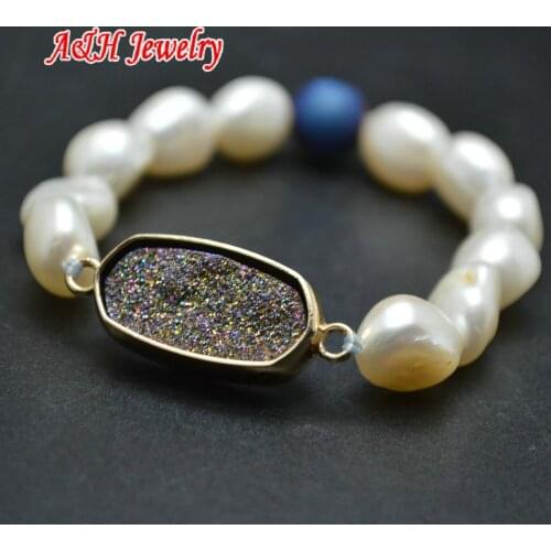 1pcs Many Color Natural Drusy Stone Inlay Copper Connection Freshwater Pearl stretch Bracelet For Women Jewelry