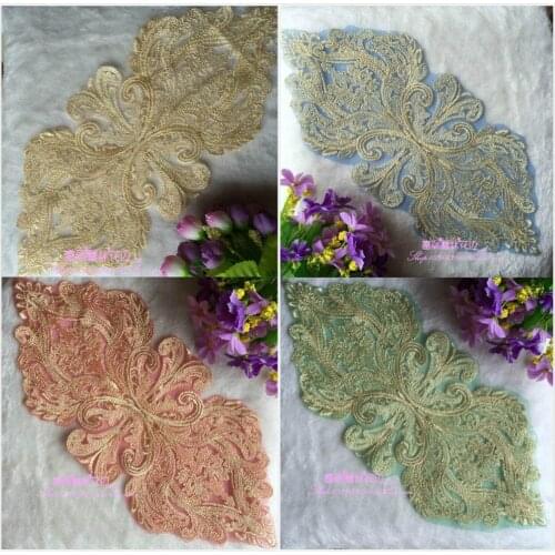 1 Piece Gold Luxury Craft Polyester Flower Embroidery Decorated Large Lace Patch Venise Lace Fabric Applique Trims 40*15cm