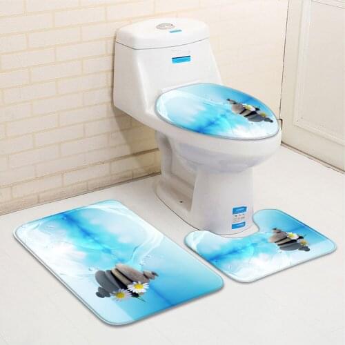 3pcs/Set Zen Garden Themed Bathroom Mat Sand and Stone Flower Pattern Flannel Bath Decor Bathtub Toilet Carpet Non-Slip Rug