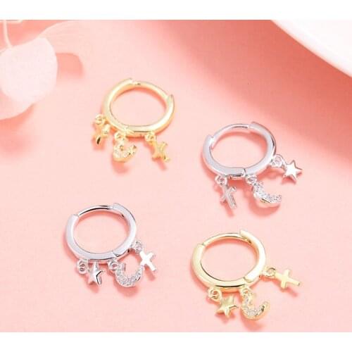 925 Sterling Silver Zircon Star Cross Moon Tassel Piercing Drop Earring For Women Girls Party Jewelry Accessories eh1156