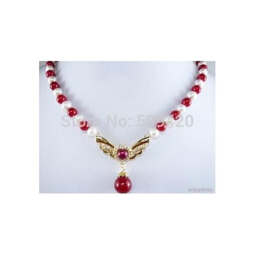 Free shipping >>Genuine White Pearl Red Coral Yellow Gold Plated Crystal Eagle Pendant Necklace