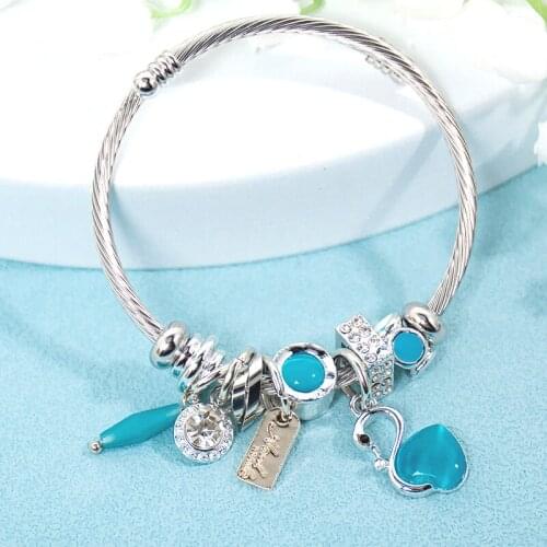 Sweet Swan Crystal Cuff Silver Bracelet Luxury Golden Letter Ball Rhinestone Stainless Steel Jewelry Bracelet Bijoux Femmme New