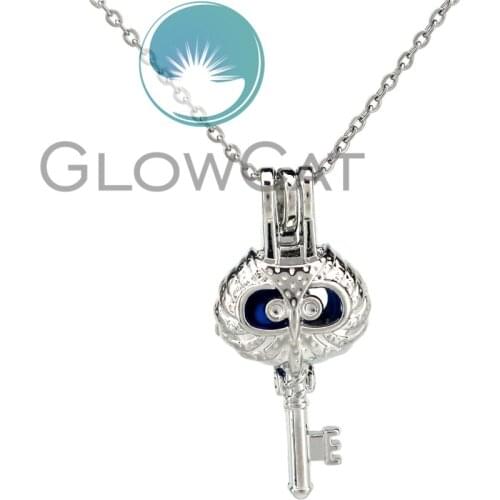 KK795 Cute 34mm Owl Key Beads Cage Locket Pendant Essential Oil Diffuser Oyster Pearl Cage Aromatherapy Locket Necklace