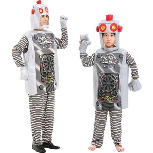 Children Adult Halloween Party Cosplay Silver Robot Costume Clothes For Kid Men Boy include Jumpsuits + Vest + Gloves + Hat