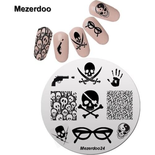 Round Nail Art Image Plate Gun Skull Cool Glasses Design Stamping Plate Manicure Stamp Template Mezerdoo 24