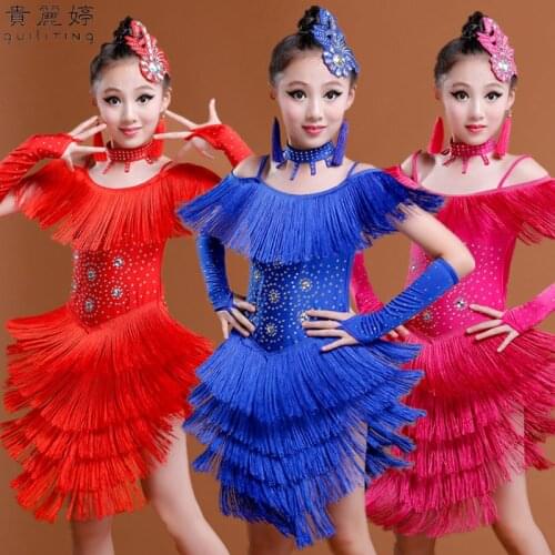 8pcs New Arrival Childrens Latin Dance Costumes Girls Rumba Dancing Tassel Dress Students Shool Dancing Sequins Suit B-5677
