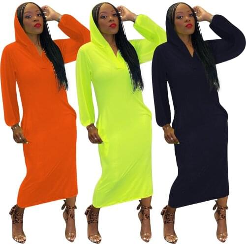 Somoshein S-Xl Autumn Winter Clothes Women' Long Sleeve Casual Fashion Hoded Long Dress 3 Colors Wholesale Dropshopping