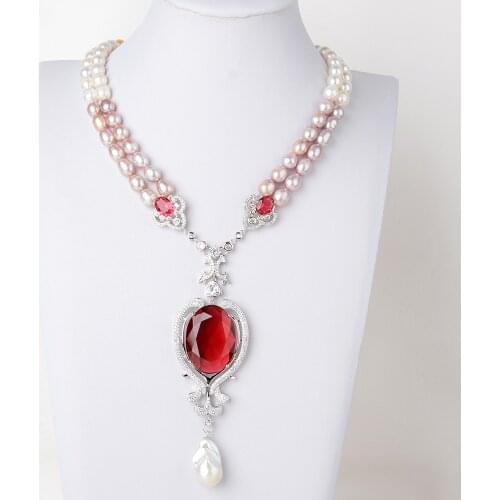 19'' 2 Strands Cultured White /Pink/Purple Pearl Red Crystal Keshi Pearl Pendant Necklace