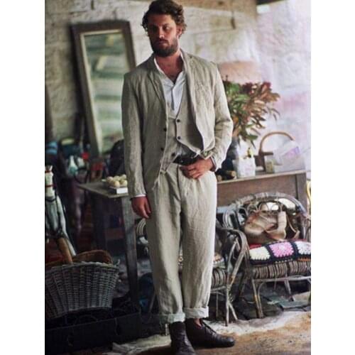 ANNIEBRITNEY Casual 3 Piece Mem Summer Linen Suit 2020 New Groom Wedding Tuxedo Tailor Made Summer Linen 3 Piece Men Suit Set