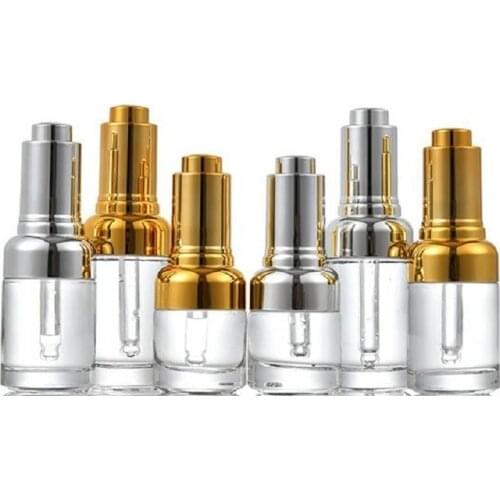 20ml 30ml 50ml Dropper Essential Oil Clear Refillable Glass Bottle Gold Silver Lid Travel Round Cosmetic Packing Container 10pcs