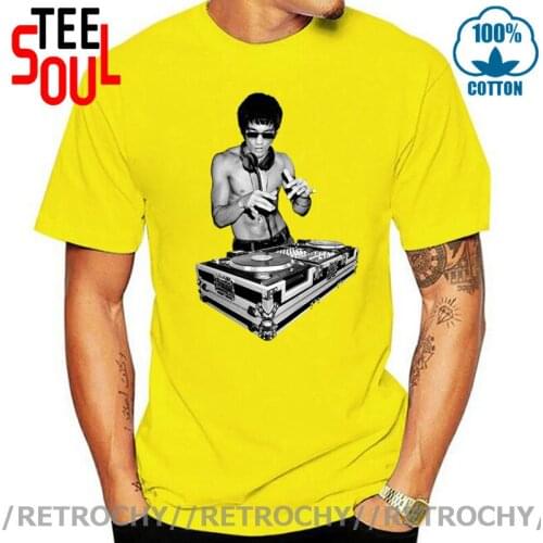 Retrochy DJ Lee T Shirt Mens Cotton Leisure T-Shirt Dragon Bruce Movie Kung Fu Brusli Lee Karate China Tee Shirt Fun Top Clothes