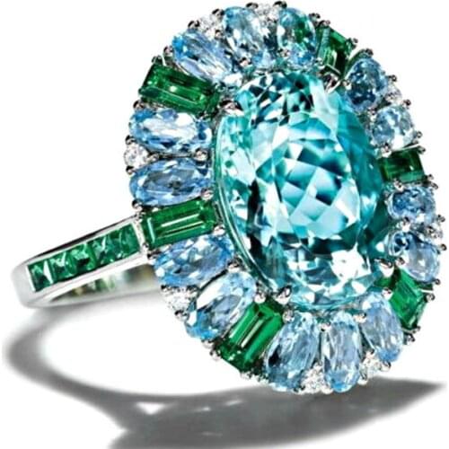 Luxury Women Faux Emerald Aquamarine Flower Ring Wedding Party Jewelry Gift