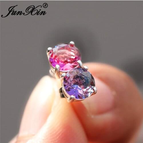 Mystic Rainbow Fire Crystal Round Stone Earrings White Gold Blue Red Colorful Zircon Ear Stud Earring Wedding For Women Jewelry