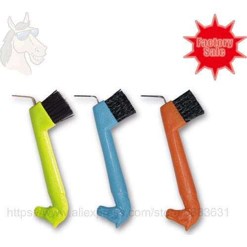 10 1006 Hoof pick with brush horse head plastic handle for hoof cleaning 18.5*5cm horse grooming hoof care factory direct sale