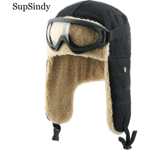 SupSindy Army Military Ushanka Men&Women Windproof Winter Bomber Hats with Goggle warm Lamb Wool Pilot Earflap Trapper Snow Caps
