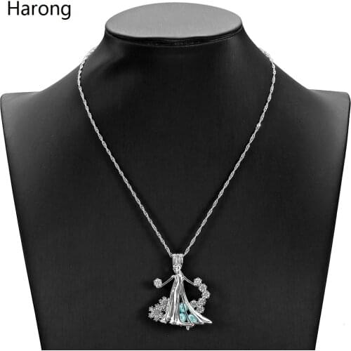 Cartoon Elsa Pearl Pendant Necklace Stainless Steel Snowflake Metal Cage Princess Necklaces Cosplay Jewelry Snow Queen Girl Gift