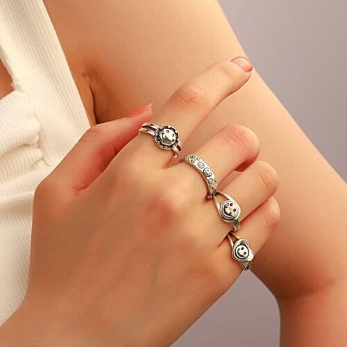 Vintage Smiley Face Ring for Women Men Korean Fashion Aesthetic Hip Hop Punk retro Open Finger Ring Silver Color Trendy Jewelry