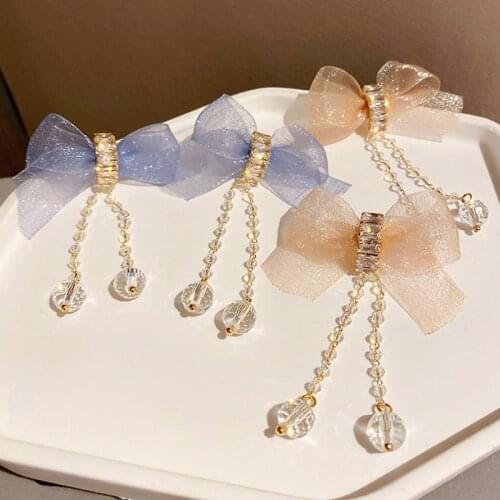 VSnow Korean Fairy Beaded Crystal Gauze Bow-knot Dangle Earring for Women Temperament Long Tassel Rhinestone Earrings Jewelry
