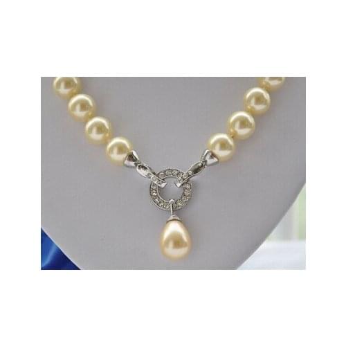 Z5259 NICE 14mm round golden SHELL PEARL NECKLACE pendant 17inch Factory Wholesale price Women Gift word Jewelry