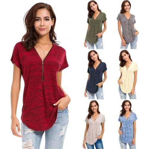 T Shirt Women 2021 New Arrival Summer Style Solid Color Zipper Leisure Loose v-neck T-shirt Short Sleeves Tshirt LCY1908