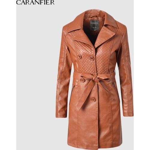 CARANFIER Women Pu Leather Trench Coat Overcoat Winter Long Sleeve Double-breasted Long Coat Ladies Thick Velvet Windbreaker