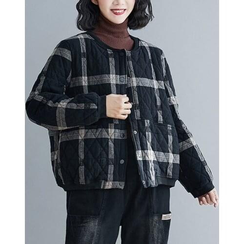 Women Cotton Quilted Coats New Arrival 2020 Autumn Winter Vintage Style O-neck Plaid Loose Thick Warm Female Short Jackets S2772