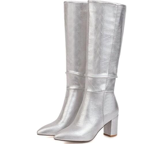 2020 High Heel Knee High Boots Women Shoes Faux Leather Pleated Long Boots Pointed Toe 34-43 Autumn Winter Boots