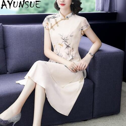 AYUNSUE 2021 New Summer Silk Dress Woman Vintage Party Elegant Dresses for Women Vlothes Midi Cheongsam Vestido De Mujer KJ6754