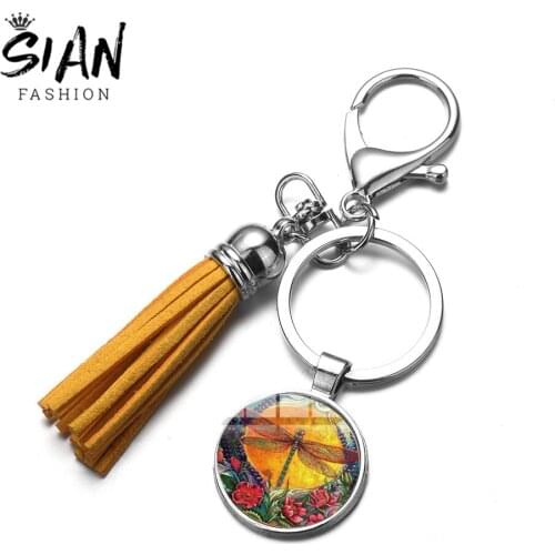 SIAN Auspicious Full Moon Dragonfly Tassel Keychain Animal Insect Art Photo Glass Cabochon Pendant Car Key Ring Bag Charm Keyfob