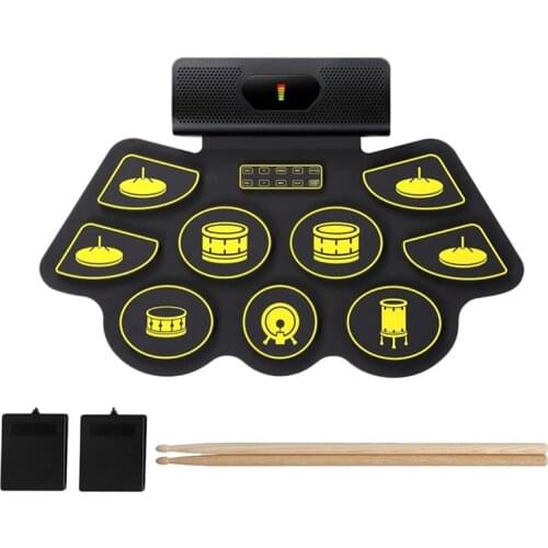Electric Drum Kit 9 Pads Portable MIDI Electronic Roll Up Drum Kit with Built in Speakers, Foot Pedals Drumsticks