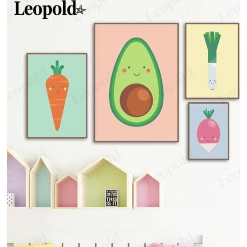 Nordic Cartoon Fruit and Vegetable Canvas Painting Cute Carrot Green Onion Avocado Poster Wall Art Nordic Aesthetics Home Decor