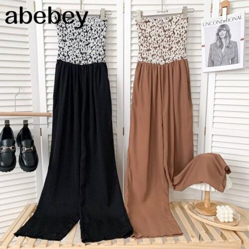 Temperament sleeveless off shoulder Jumpsuit floral patchwork high waist pleated casual wide leg Jumpsuit 2021 New Summer