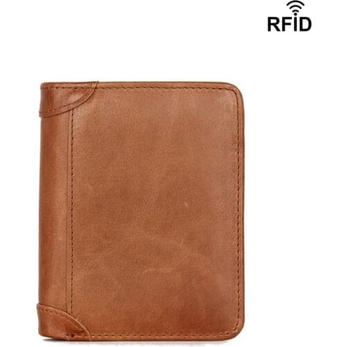 Genuine Leather Men Short Wallet Real Crazy Horse Leather Anti-Theft Lining Vintage Male Purse Photo SIM Credit Card Holder