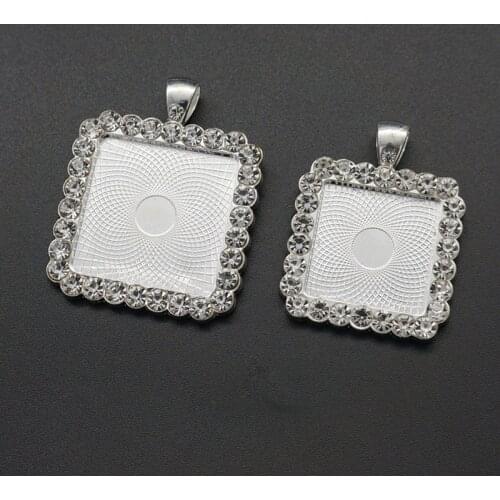 Square Silver color Crystal Pendant Settings Cabochon Base Blank Fit 20mm/25mm square Glass Cabochons DIY Making findings