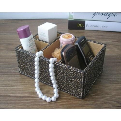 Fashion 4-slot home office wood leather desk sundries makeup cosmetics troller stationery storage box case holder wood box 253E