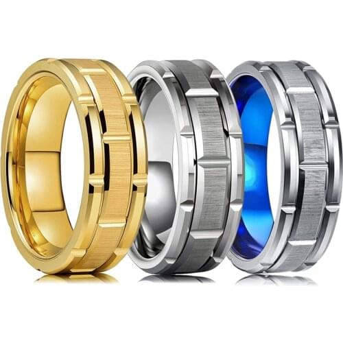 Fashion Mens 8MM Blue Tungsten Carbide Ring Silvery Gold Brushed Double Groove Pattern Mens Ring Wedding Party Jewelry