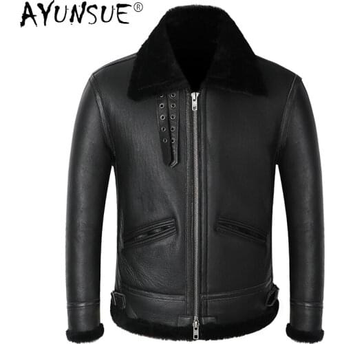 AYUNSUE Mens Genuine Leather Jacket Men Natural Sheep Shearling Jacket Winter Real Fur Coat Plus Size Mens Sheepskin Coat KJ