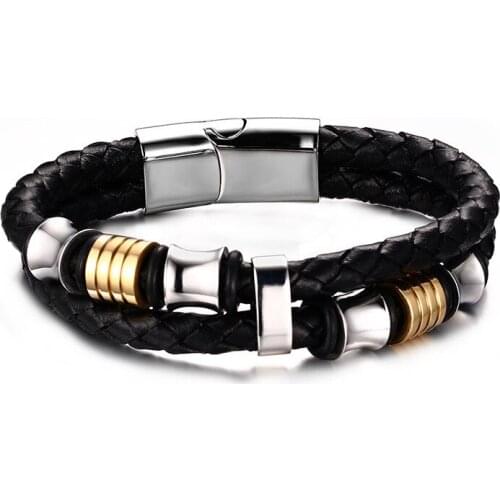 New Bracelet Fashion Braided Titanium Steel Mens Leather Rope Double Personality Magnet Buckle Simple and Elegant Accessories