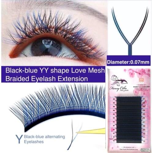 Blue-black Mixed Color Y type grafting Eyelashes Curl C 0.07mm auto bloom Love Mesh Braided YY shape Mink Eyelash extension