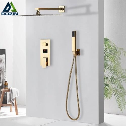 Rozin Gold Shower Faucet Digital Display Rainfall Bathroom Shower System Wall Mounted Concealed Box Mixer Tap with Tub Spout