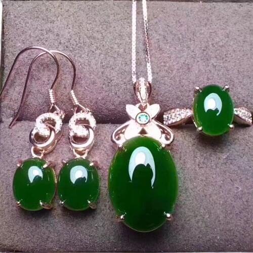 Natural Hetian jiu pendant ring earrings three-piece suit 925 silver inlaid mouth to send silver chain spinach green