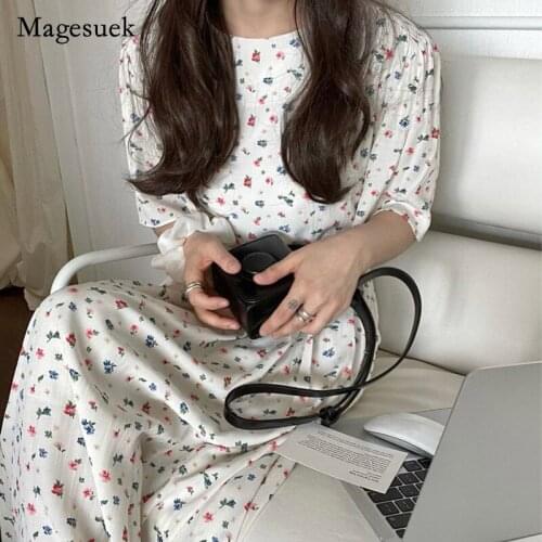 2021 Chic Summer Women Long Dress Cotton Print Floral O-Neck Dress for Women Casual High Waist Loose White Dress Vestido 14527
