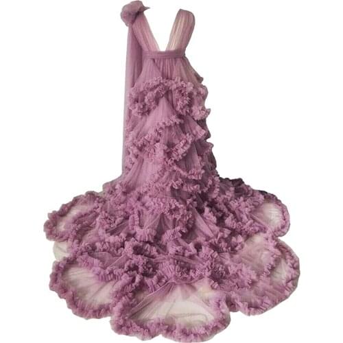 Chic Ruffle Evening Dresses Womens Long Sheer Pregnancy Bathgown Maternity Tulle Sleeveless Robe for Photo Shoot