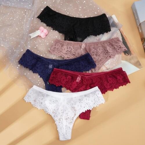 Women Sexy Lace Lingerie Temptation Low-waist Panties Embroidery Thong Transparent Hollow out Underwear 1/2Pcs