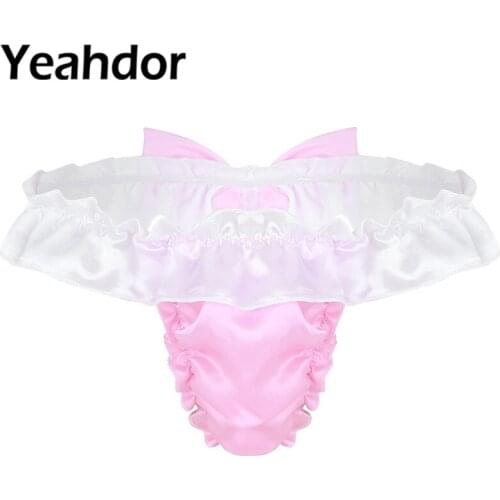 Mens Sissy Lingerie Ruffled Frilly Cut Bowknot Low Rise Shiny Soft Satin Bikini Briefs High Cut G-string Thong Gay Sissy Panties