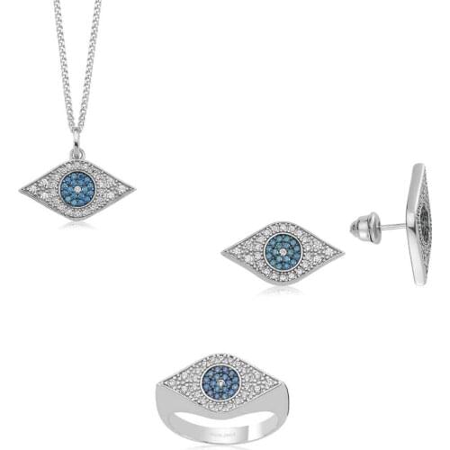 Valori Jewels Blue Evil Eye, Zirconia White And Fancy Blue Gemstone, Rhodium Plated, Sterling Silver Trio Set