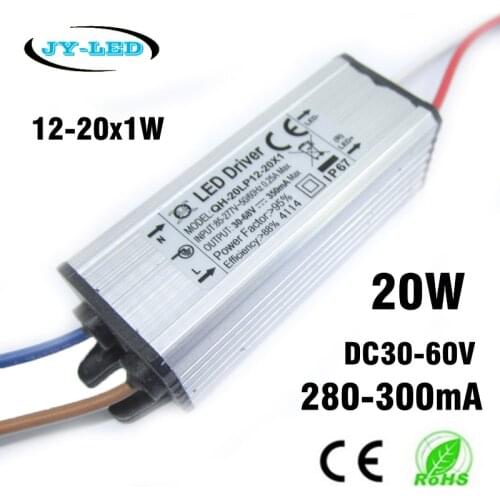 5pcs 20W DC30-68V Waterproof LED Driver 12-20x1W 280mA 300mA IP67 Constant Current Aluminum LED Power Supply